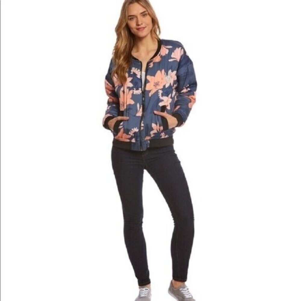 Minkpink Floral Print Bomber Puff Jacket Pink Blue Zip Up  Sz S NWT